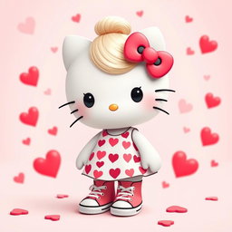 A unique depiction of Hello Kitty featuring a stylish blonde bun hairstyle, without ears or whiskers, creating a distinct look