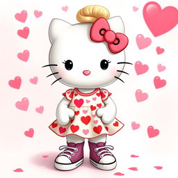 A unique depiction of Hello Kitty featuring a stylish blonde bun hairstyle, without ears or whiskers, creating a distinct look