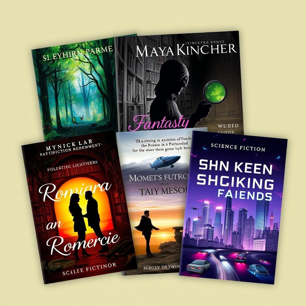 Book covers featuring various genres including fantasy, mystery, romance, and science fiction