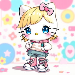 A whimsical Hello Kitty girl character featuring adorable blonde hair and bright blue eyes