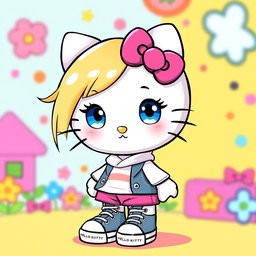 A charming Hello Kitty girl character with adorable blonde hair and striking blue eyes, uniquely designed without ears, presenting a fresh twist on the classic character