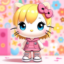 A charming Hello Kitty girl character with adorable blonde hair and striking blue eyes, uniquely designed without ears, presenting a fresh twist on the classic character