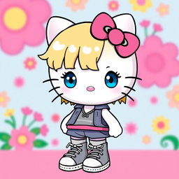A charming Hello Kitty girl character with adorable blonde hair and striking blue eyes, uniquely designed without ears, presenting a fresh twist on the classic character