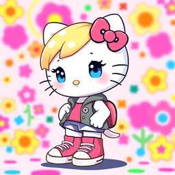 A charming Hello Kitty girl character with adorable blonde hair and striking blue eyes, uniquely designed without ears, presenting a fresh twist on the classic character