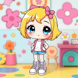 A delightful Sanrio girl character with vibrant blonde hair and captivating blue eyes, uniquely designed without ears, setting her apart in a stylish way