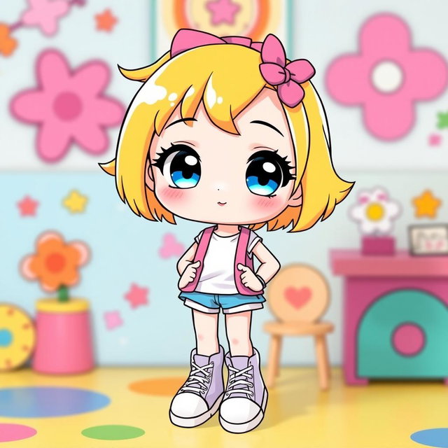 A delightful Sanrio girl character with vibrant blonde hair and captivating blue eyes, uniquely designed without ears, setting her apart in a stylish way