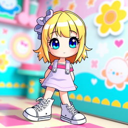 A delightful Sanrio girl character with vibrant blonde hair and captivating blue eyes, uniquely designed without ears, setting her apart in a stylish way