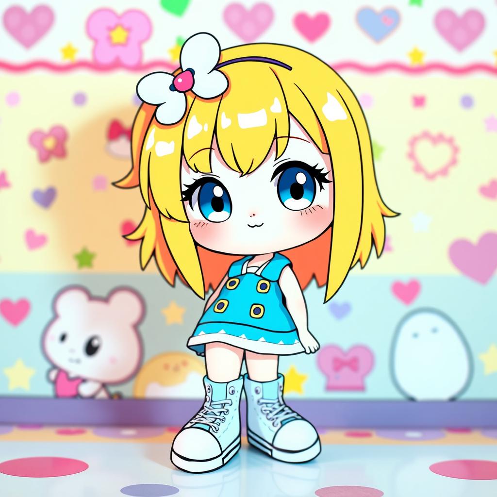 A delightful Sanrio girl character with vibrant blonde hair and captivating blue eyes, uniquely designed without ears, setting her apart in a stylish way