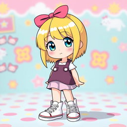 A delightful Sanrio girl character with vibrant blonde hair and captivating blue eyes, uniquely designed without ears, setting her apart in a stylish way
