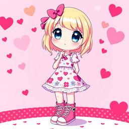 A delightful Sanrio girl character featuring vibrant blonde hair and captivating blue eyes, uniquely designed without ears, offering a whimsical touch