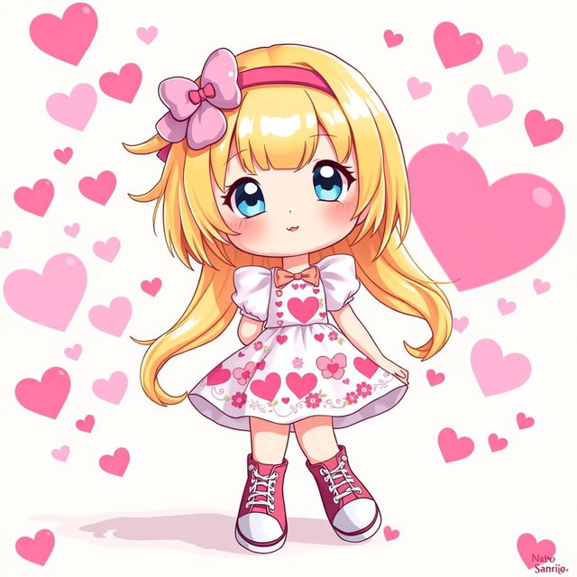 A delightful Sanrio girl character featuring vibrant blonde hair and captivating blue eyes, uniquely designed without ears, offering a whimsical touch