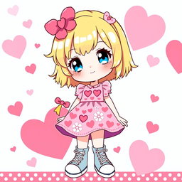 A delightful Sanrio girl character featuring vibrant blonde hair and captivating blue eyes, uniquely designed without ears, offering a whimsical touch