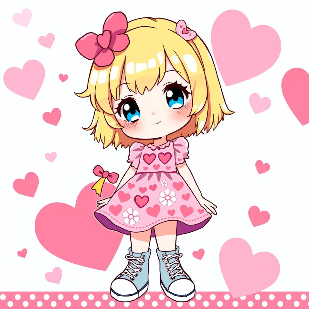 A delightful Sanrio girl character featuring vibrant blonde hair and captivating blue eyes, uniquely designed without ears, offering a whimsical touch