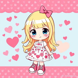 A delightful Sanrio girl character featuring vibrant blonde hair and captivating blue eyes, uniquely designed without ears, offering a whimsical touch