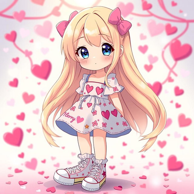 A lovely Sanrio girl character with long, flowing blonde hair and captivating blue eyes, designed without ears for a unique touch