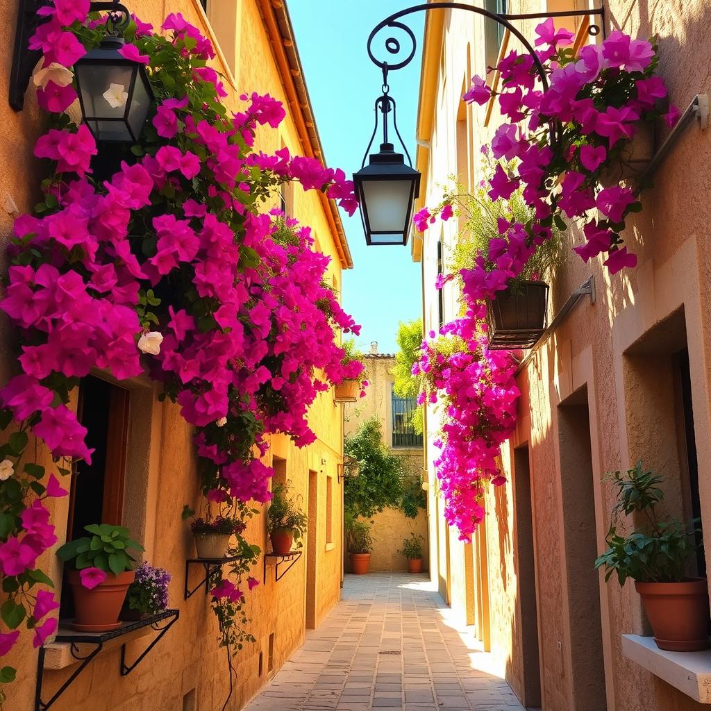 A narrow alleyway adorned with vibrant bougainvillea flowers, cascading over walls and creating a lively atmosphere