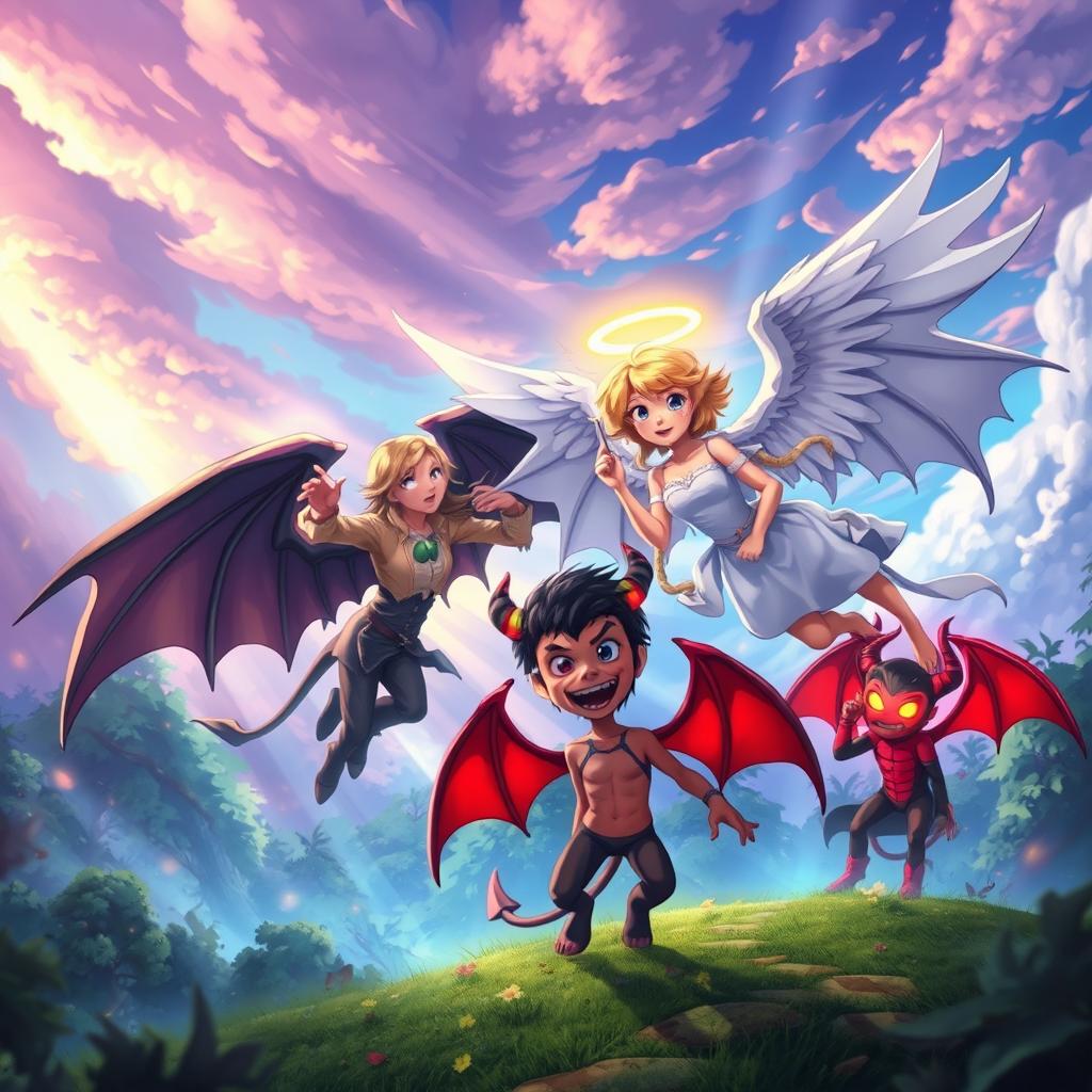 An animated scene featuring angels and demons in a captivating fantasy landscape, with vibrant colors and detailed character designs
