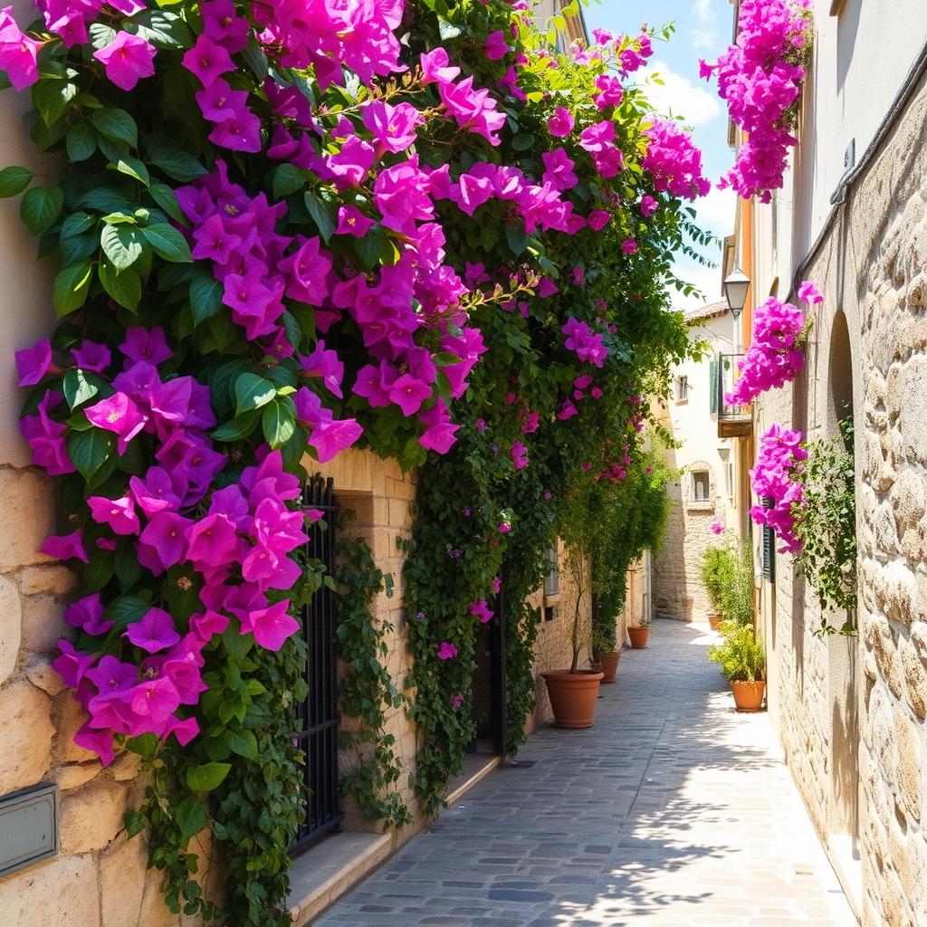 A charming narrow alleyway adorned with vibrant bougainvillea flowers in shades of purple and pink, lush greenery intertwined with rustic stone walls, soft sunlight filtering through the leaves and casting playful shadows on the cobblestone ground, a sense of tranquility and beauty in the air