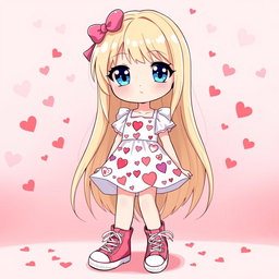 A charming Sanrio girl with long flowing blonde hair and striking blue eyes, wearing a cute Valentine's-themed dress adorned with hearts and playful patterns