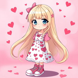 A charming Sanrio girl with long flowing blonde hair and striking blue eyes, wearing a cute Valentine's-themed dress adorned with hearts and playful patterns