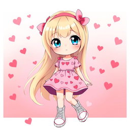 A charming Sanrio girl with long flowing blonde hair and striking blue eyes, wearing a cute Valentine's-themed dress adorned with hearts and playful patterns