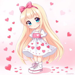 A charming Sanrio girl with long flowing blonde hair and striking blue eyes, wearing a cute Valentine's-themed dress adorned with hearts and playful patterns