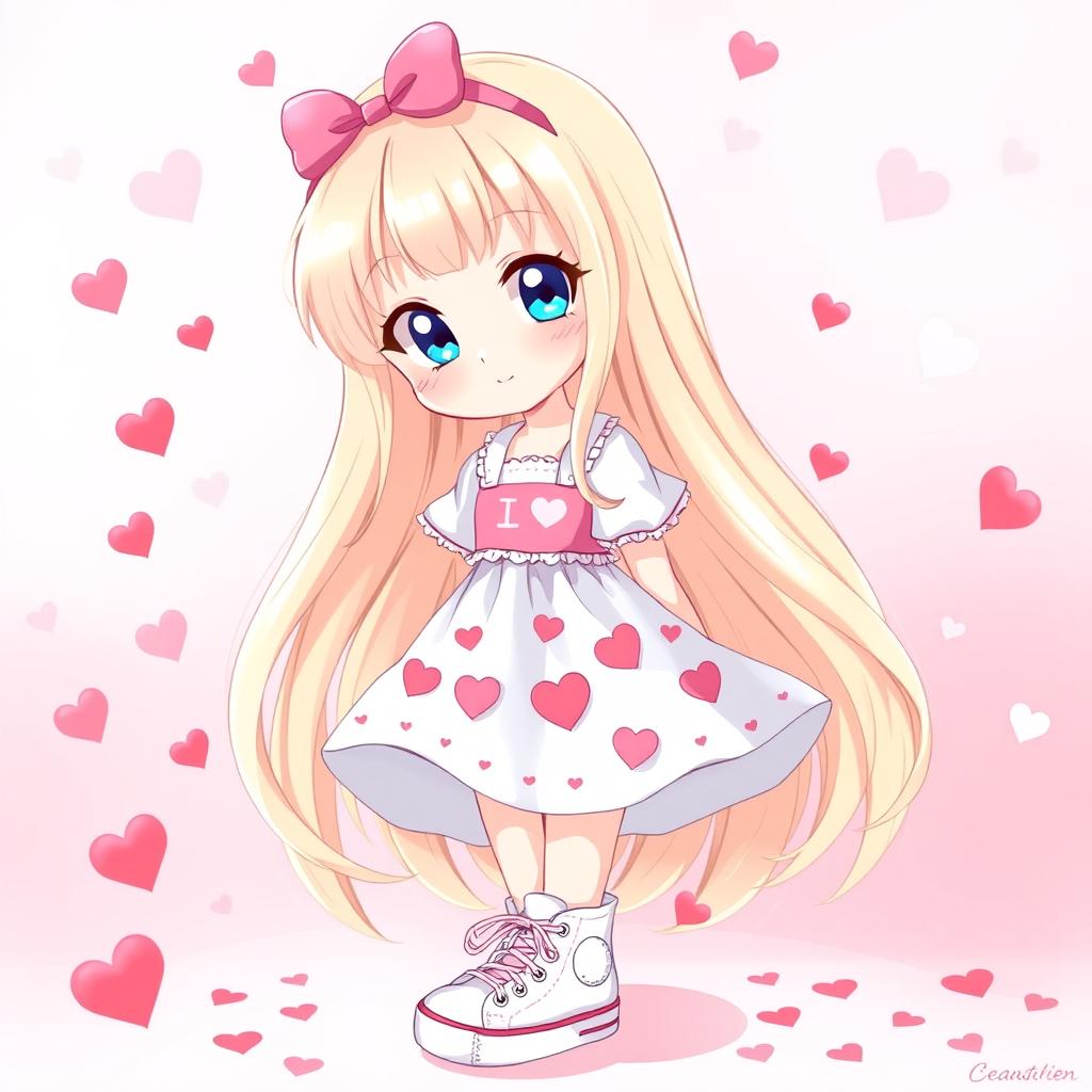 A charming Sanrio girl with long flowing blonde hair and striking blue eyes, wearing a cute Valentine's-themed dress adorned with hearts and playful patterns