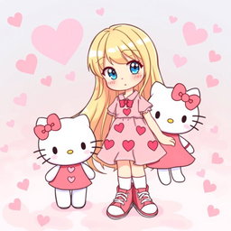 A delightful scene featuring a Sanrio girl with long flowing blonde hair and striking blue eyes, dressed in a cute Valentine's-themed dress embellished with hearts