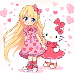 A delightful scene featuring a Sanrio girl with long flowing blonde hair and striking blue eyes, dressed in a cute Valentine's-themed dress embellished with hearts