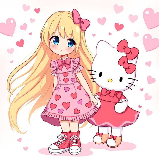 A delightful scene featuring a Sanrio girl with long flowing blonde hair and striking blue eyes, dressed in a cute Valentine's-themed dress embellished with hearts