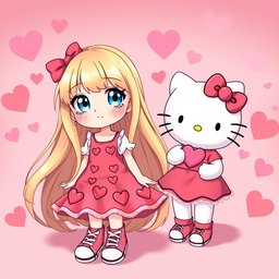 A delightful scene featuring a Sanrio girl with long flowing blonde hair and striking blue eyes, dressed in a cute Valentine's-themed dress embellished with hearts