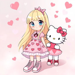 A delightful scene featuring a Sanrio girl with long flowing blonde hair and striking blue eyes, dressed in a cute Valentine's-themed dress embellished with hearts