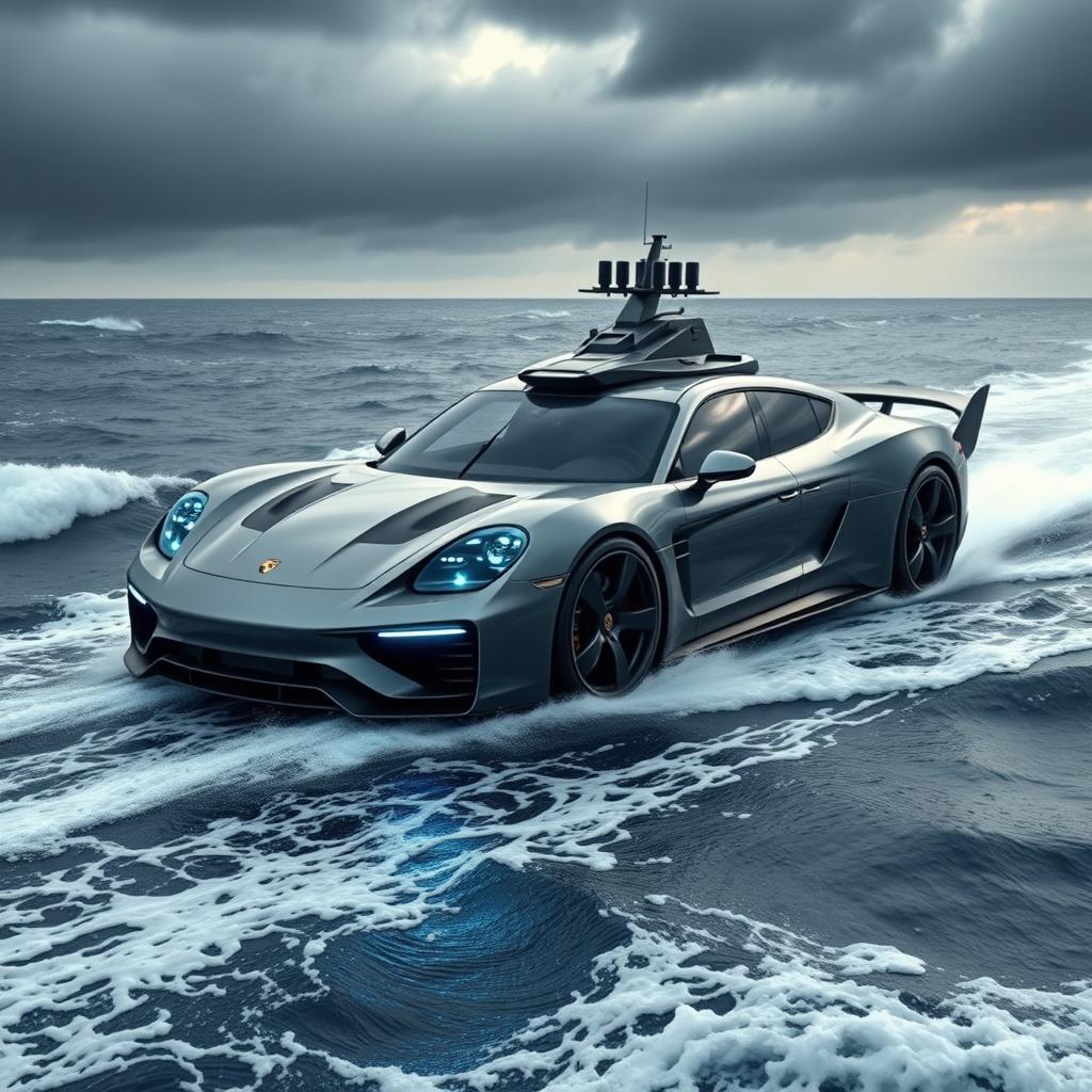 A highly realistic and futuristic hybrid vehicle that combines the sleek design of a Porsche Panamera with the powerful features of a modern warship