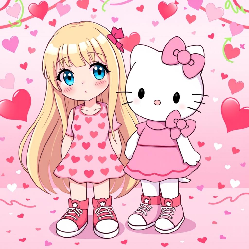 A charming Sanrio girl character with long, flowing blonde hair styled without bangs, showcasing her bright blue eyes