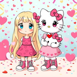 A charming Sanrio girl character with long, flowing blonde hair styled without bangs, showcasing her bright blue eyes
