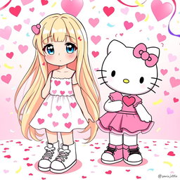 A charming Sanrio girl character with long, flowing blonde hair styled without bangs, showcasing her bright blue eyes