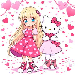 A charming Sanrio girl character with long, flowing blonde hair styled without bangs, showcasing her bright blue eyes