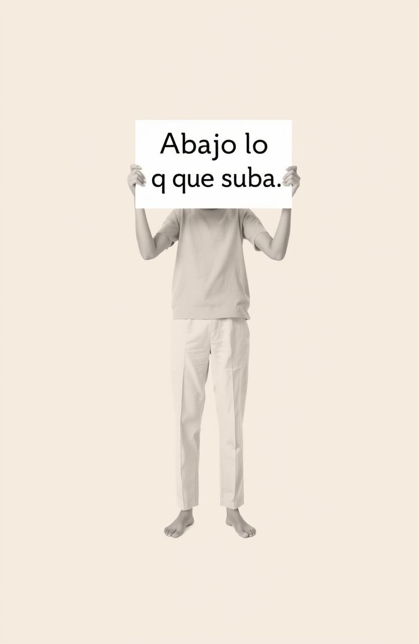 A minimalist image depicting a person standing confidently, holding a sign that reads "Abajo lo que suba" (Down with what rises)