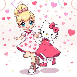 A joyful Sanrio girl character with a cute blonde bun hairstyle and sparkling blue eyes, wearing a stylish Valentine's Day dress adorned with heart motifs