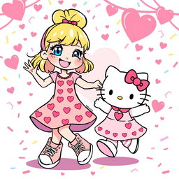 A joyful Sanrio girl character with a cute blonde bun hairstyle and sparkling blue eyes, wearing a stylish Valentine's Day dress adorned with heart motifs