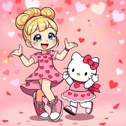 A joyful Sanrio girl character with a cute blonde bun hairstyle and sparkling blue eyes, wearing a stylish Valentine's Day dress adorned with heart motifs