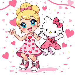 A joyful Sanrio girl character with a cute blonde bun hairstyle and sparkling blue eyes, wearing a stylish Valentine's Day dress adorned with heart motifs
