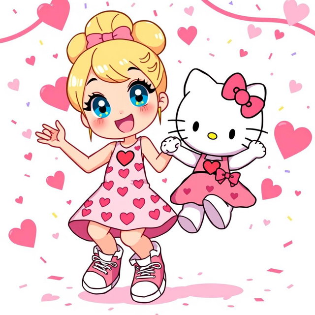 A joyful Sanrio girl character with a cute blonde bun hairstyle and sparkling blue eyes, wearing a stylish Valentine's Day dress adorned with heart motifs