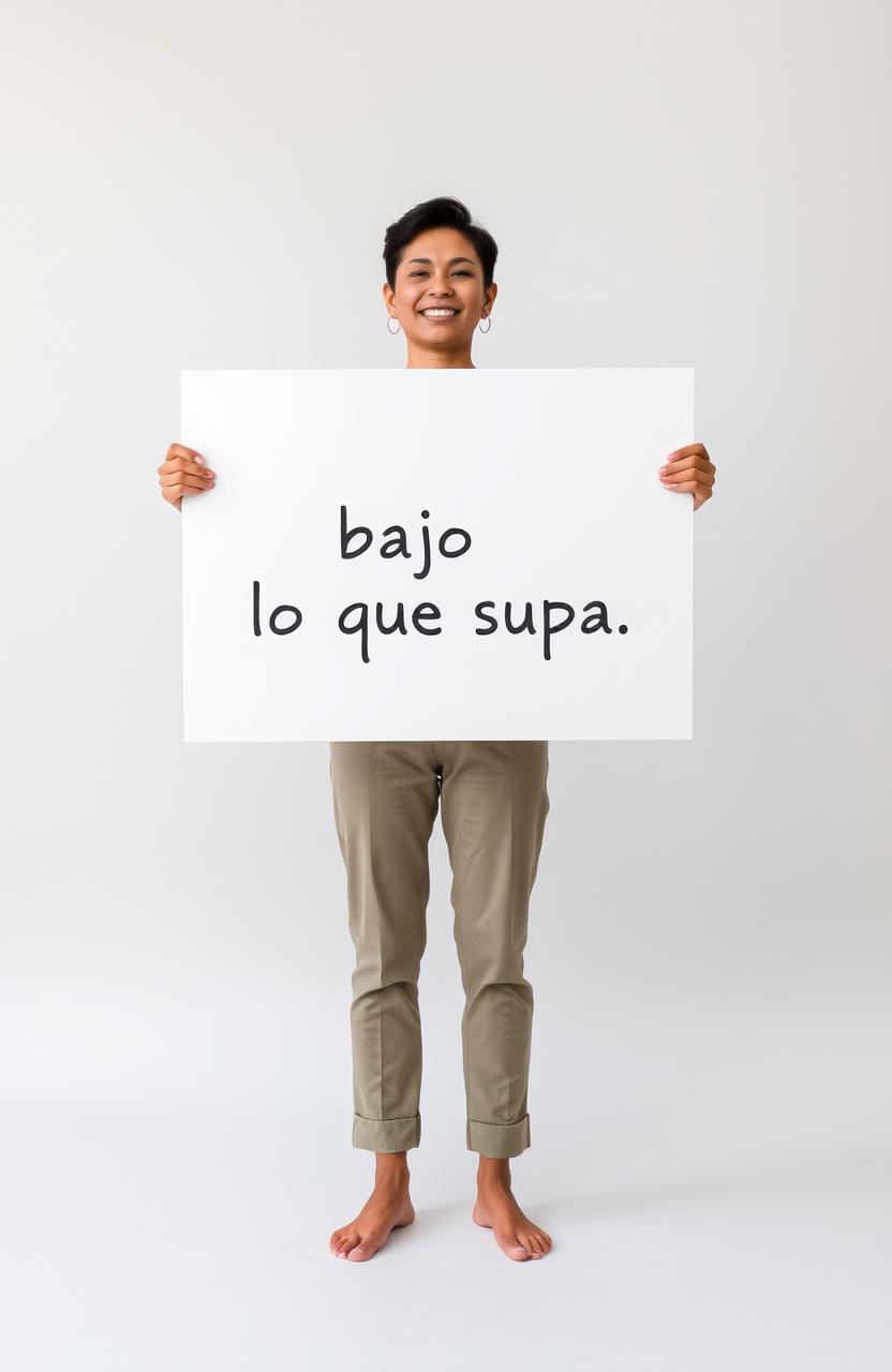 A minimalist self-help scene featuring an individual holding a sign that reads: "Abajo lo que suba"
