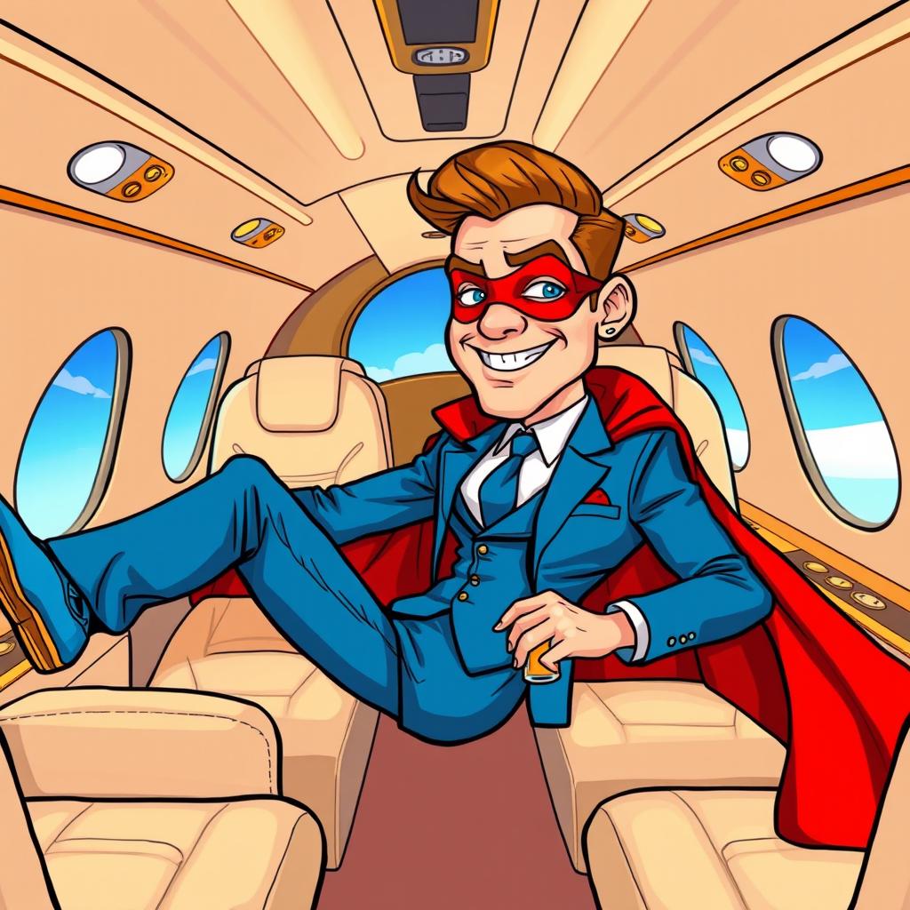 A cartoon of a man in a stylish blue suit wearing a vibrant red cloak and a red mask, relaxing comfortably inside a luxurious private jet