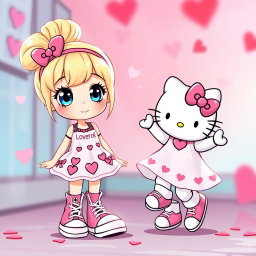 A cute Sanrio girl with a blonde bun and blue eyes, wearing stylish Chuck Taylors and a lovely Valentine's dress adorned with hearts