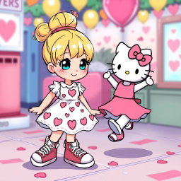 A cute Sanrio girl with a blonde bun and blue eyes, wearing stylish Chuck Taylors and a lovely Valentine's dress adorned with hearts