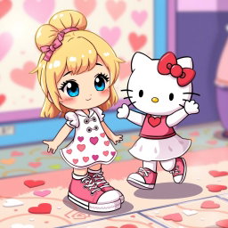 A cute Sanrio girl with a blonde bun and blue eyes, wearing stylish Chuck Taylors and a lovely Valentine's dress adorned with hearts