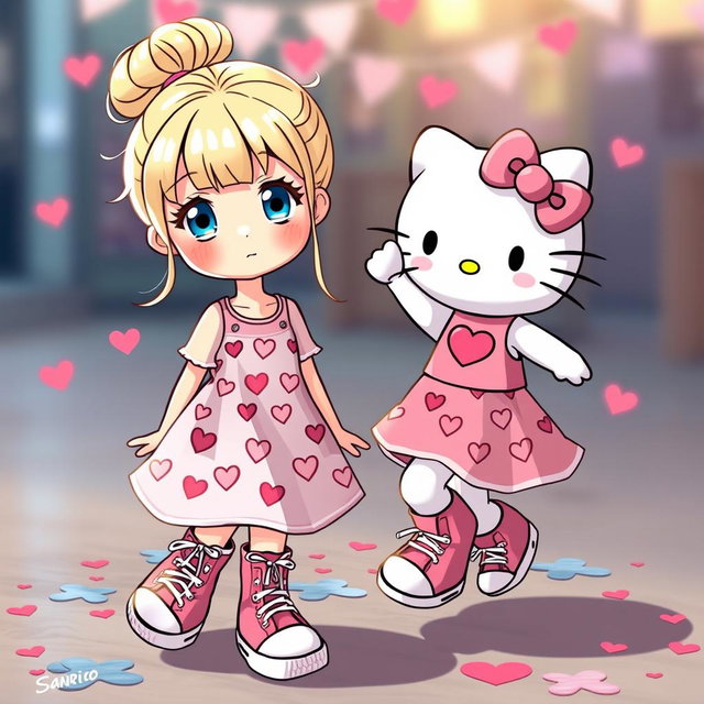 A cute Sanrio girl with a blonde bun and blue eyes, wearing stylish Chuck Taylors and a lovely Valentine's dress adorned with hearts