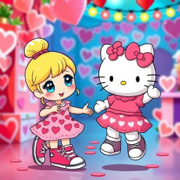 A charming Sanrio girl with a blonde bun and bright blue eyes, donning trendy Chuck Taylors and a delightful Valentine's dress decorated with heart patterns